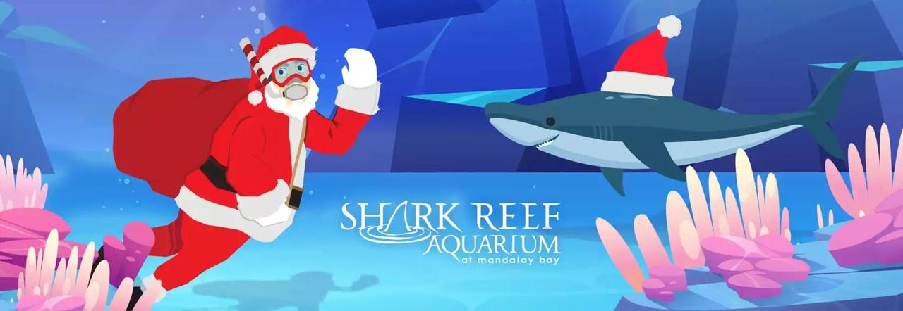 An illustration of Santa carrying a bag of toys while diving with a shark that's wearing a Santa hat