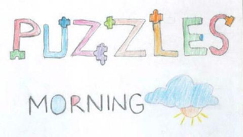 PUZZLES MORNING with a drawing of a blue cloud and a yellow sun with its rays peeking out