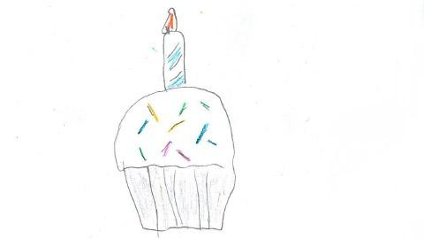 drawing of a white cupcake with multi-colored sprinkles on the frosting and a lit candle sticking out of the top
