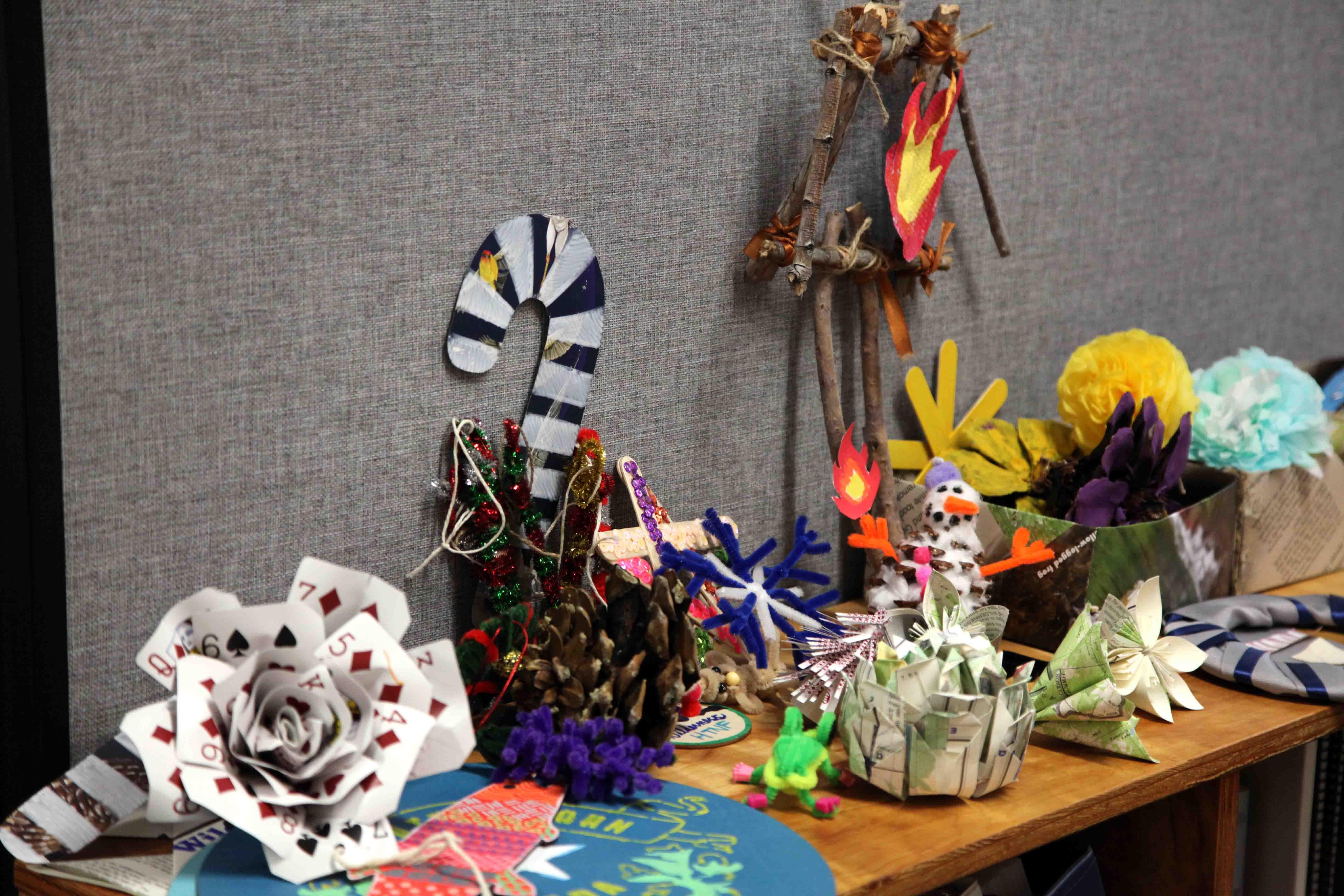 Handmade ornaments on a shelf
