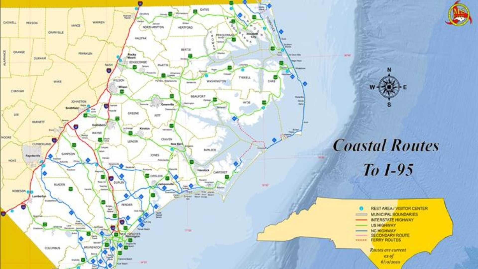 A map of coastal route to I-95 on the NC coast.