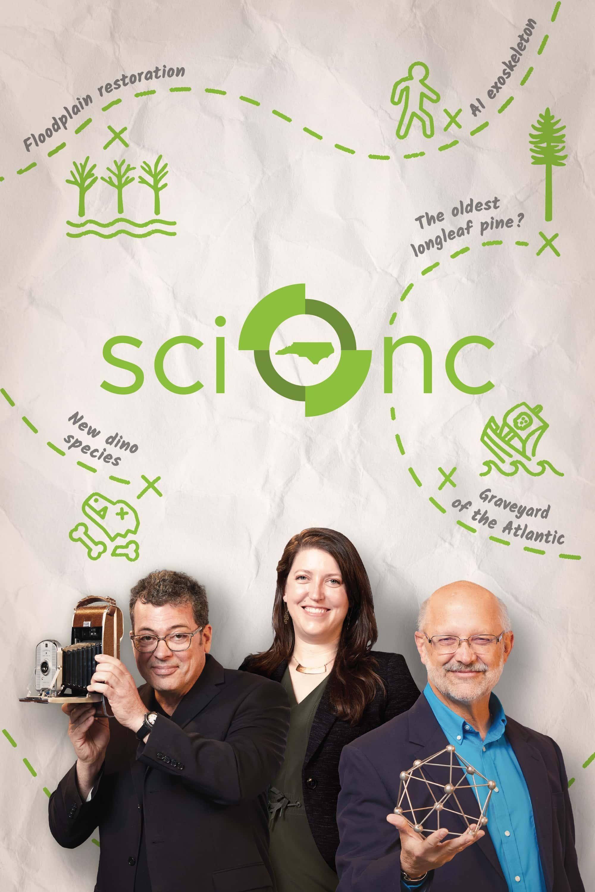Sci NC contributors Evan Howell, Frank Graff, Rossie Izlar and Michelle Lotker stand in front of a paper background.