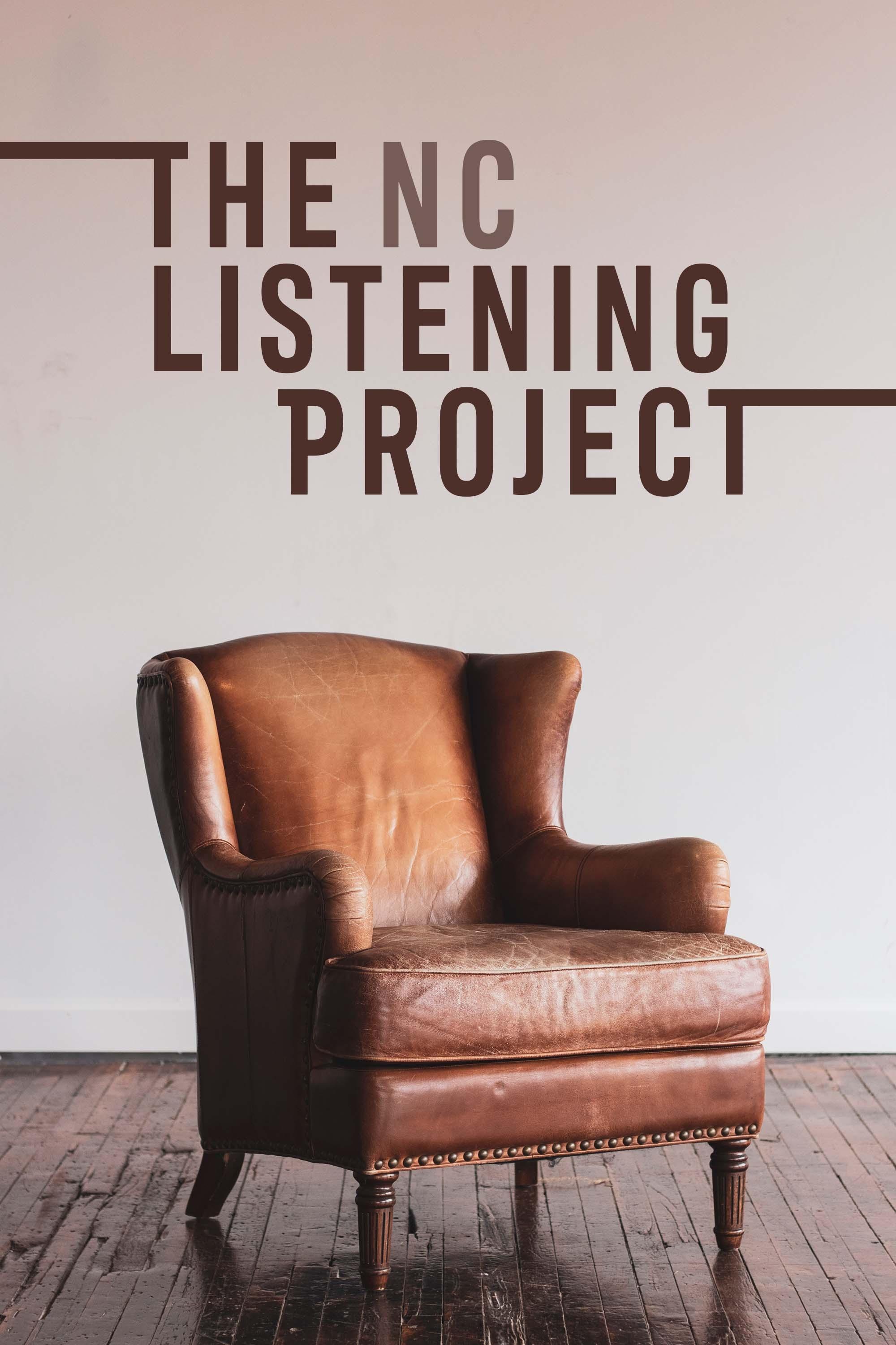 A dark brown worn leather chair in a room with wood floors and a pale gray wall, with the logo "The NC Listening Project."