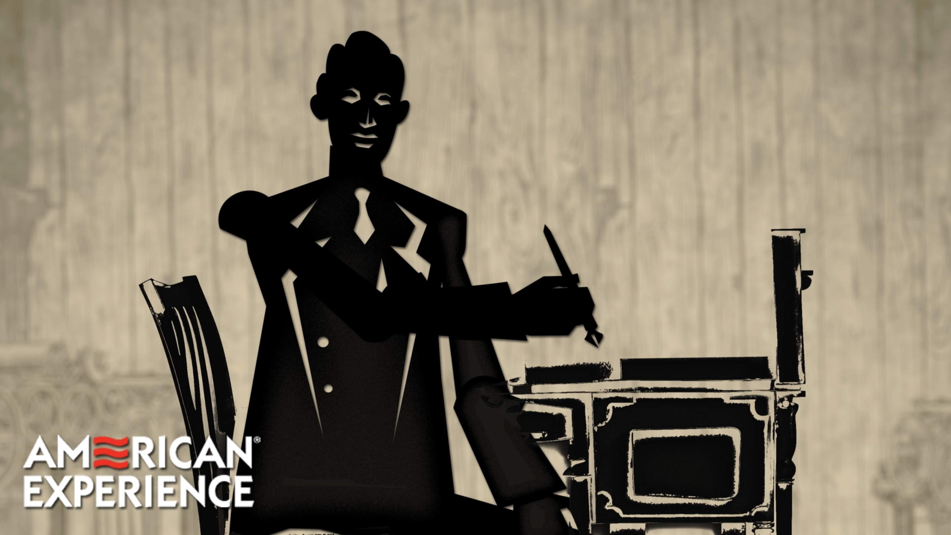 A shadow puppet of a person with an ink pen at a desk.