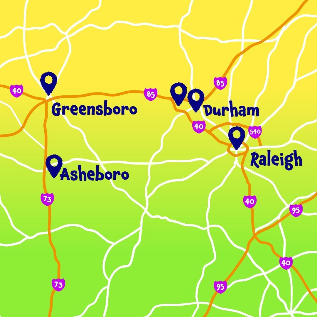 A map of the part of North Carolina that includes Greensboro, Asheboro, Durham and Raleigh.