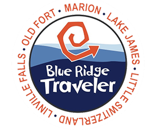 Blue Ridge Traveler logo in white, red and blue