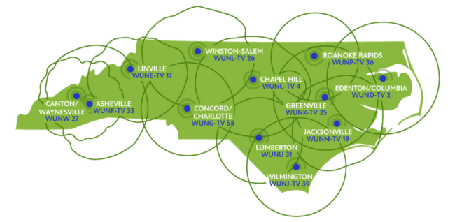 PBS North Carolina coverage map in green.